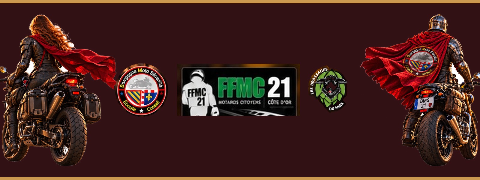 Bannière ENIGMA 2, deux motards encadrant les logos BMS, FFMC21 et Les Brassages du Meix